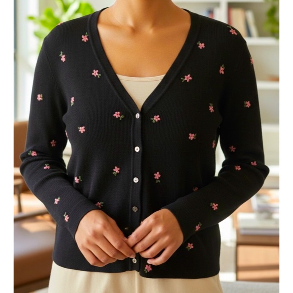 Ann Taylor M Black Floral Embroidered Merino Wool Button Up Cardigan Sweater